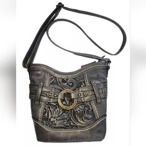 BOC Gray Embossed Fauc Leather  Purse Tooled Handbag Western  Brass Buckle EUC